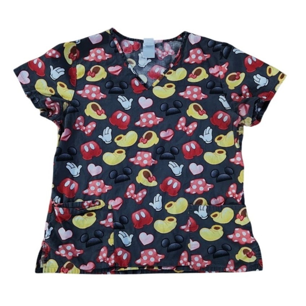 Disney Mickey Minnie Mouse Scrub Top V-Neck Medical Uniform Black Red Womens 140
